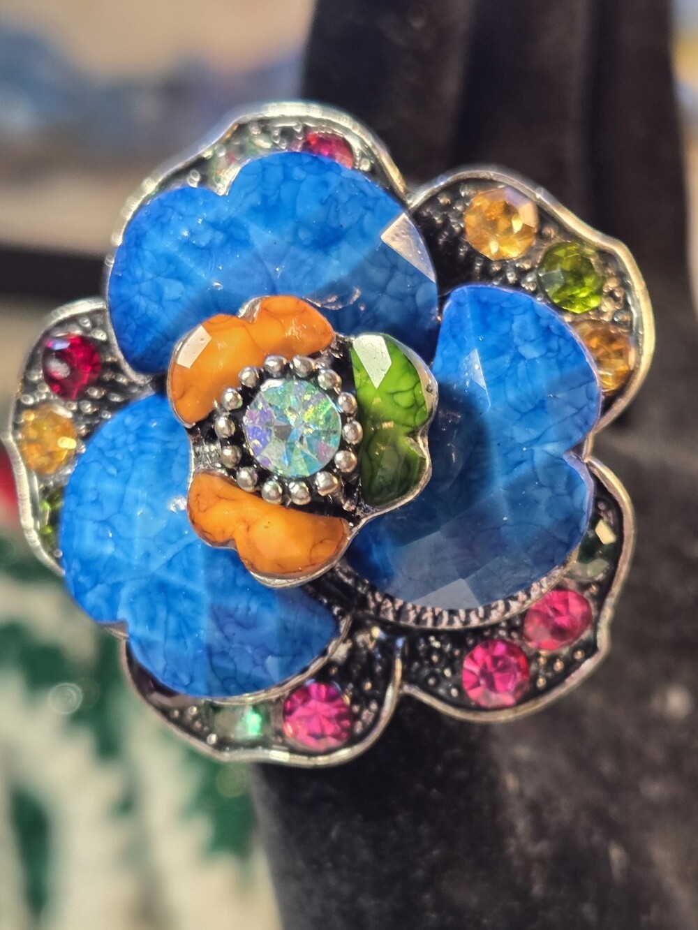 Blue Floral Adustable  Cocktail Ring with Multicolor Stones
